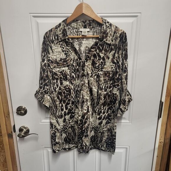 Rebecca Malone Brown Black Cream Animal Print V-Neck Blouse 3/4 Sleeve Size 1X - Picture 11 of 11